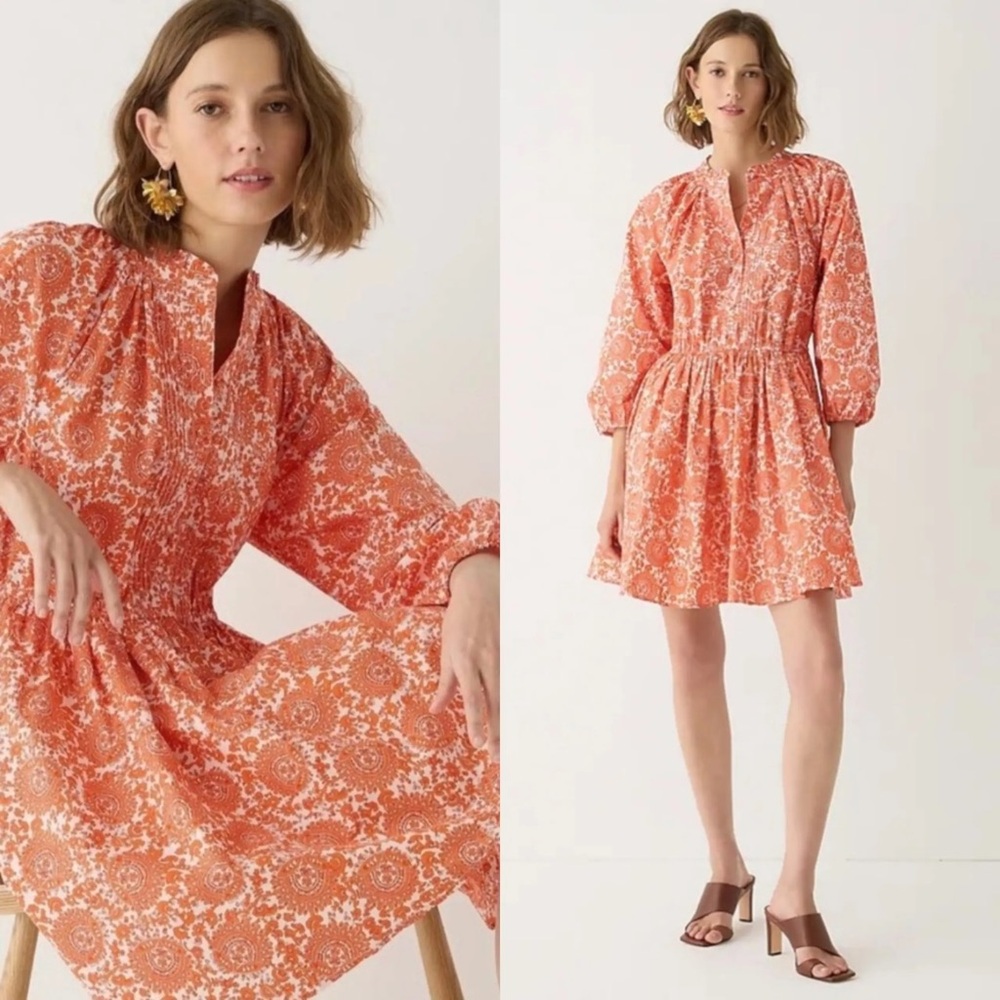 J.Crew Ruffle Collar Mini Long Sleeve Dress Cotton Poplin Orange Print Size L